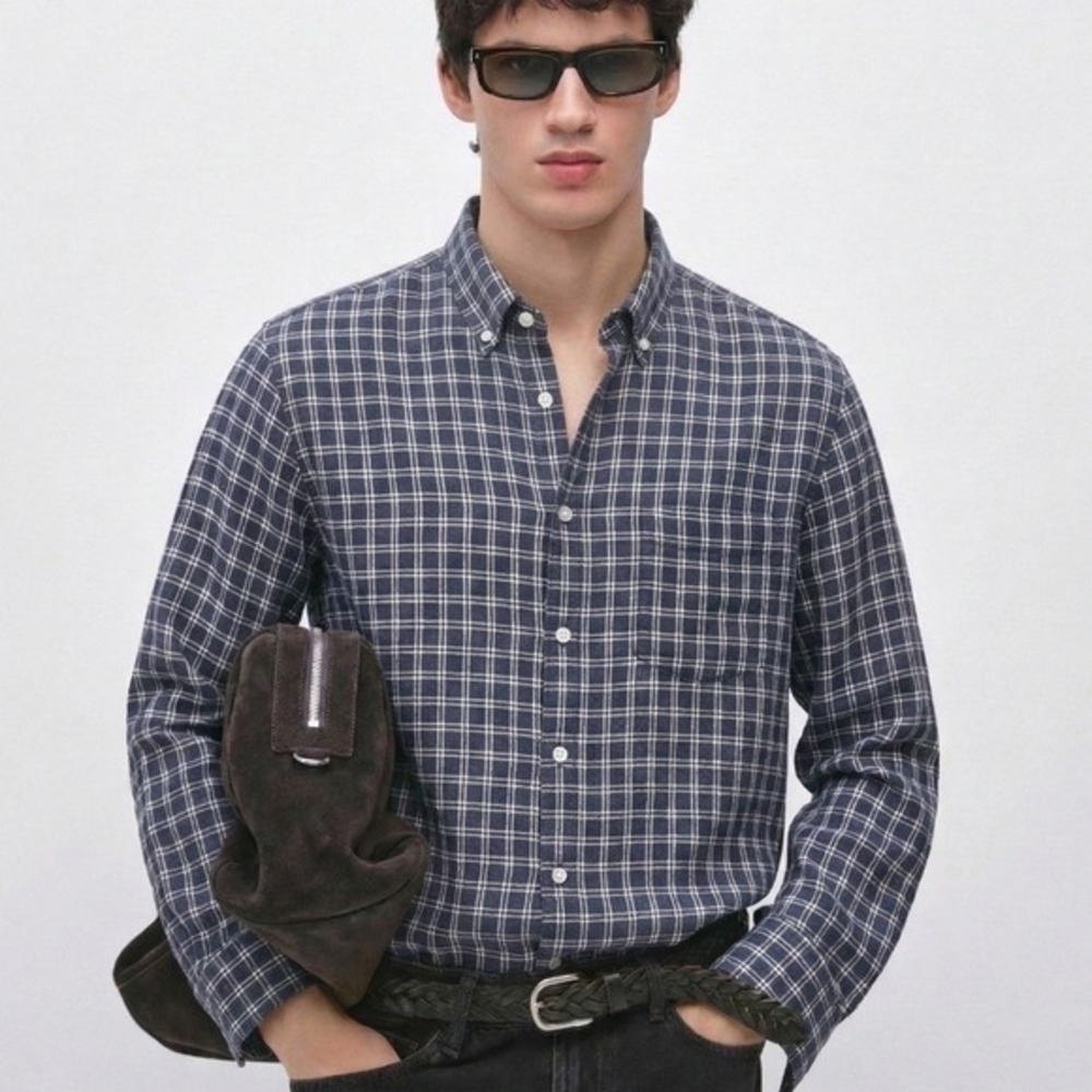 Massimo Dutti 100% Linen Button Down Shirt Men XL Plaid Blue Gray Relaxed Fit